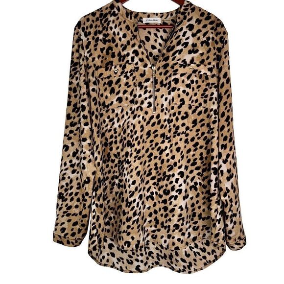 Calvin Klein Womens Cheetah Print Blouse W Zip & Belt Size Large Modern Feminine - Picture 1 of 10